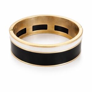 Vintage Black & White Enamel Hinged Bangle Bracelet Gold Tone Statement Bracelet